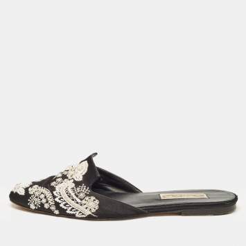 Pre Owned Oscar de la Renta Black Satin Embellished Flat Mule Size 39