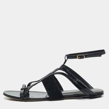 Pre Owned Oscar de la Renta Black Patent Leather and Suede Jenisa Ankle Strap Flats Size 39
