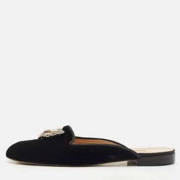 Pre Owned Oscar de la Renta Black Velvet Crystals Embellished Flat Mules Size 41