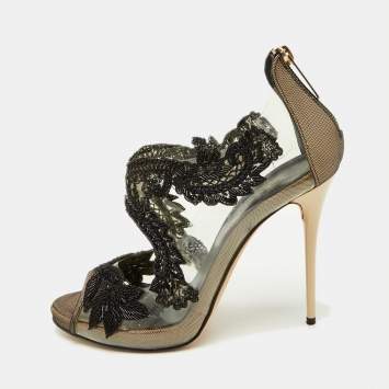 Oscar de la Renta Black PVC, Patent Leather and Mesh Ambria Peep Toe Pumps Size 38