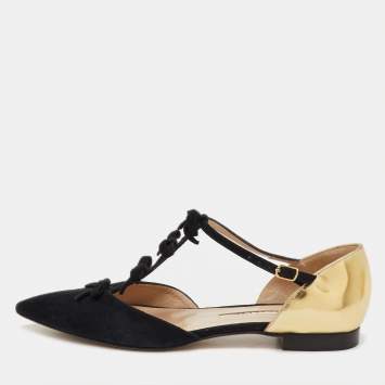 Pre Owned Oscar de la Renta Black/Gold Suede and Leather Bow Accents Flats Size 37