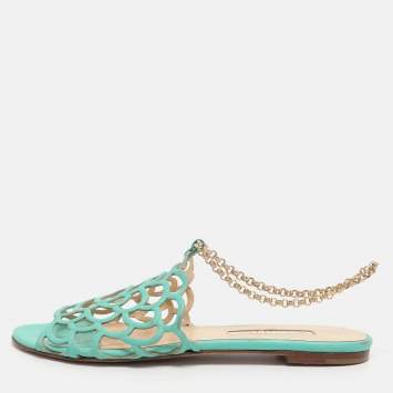 Pre Owned Oscar de la Renta Green Leather Begonia Chain Flats Size 39.5