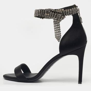 مملوكة مسبقًا Oscar de la Renta Black Satin Crystal Bow Embellished Ankle Strap Sandals Size 38