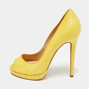 مملوكة مسبقًا Oscar de la Renta Size 38 Yellow Python Leather Peep Toe Pumps