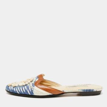 Pre Owned Oscar de la Renta Size 38.5 Tricolor Leather and Fabric Embellished Flat Mules 