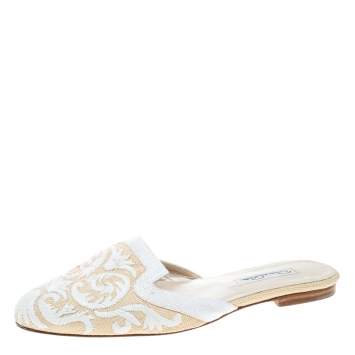Pre Owned Oscar De La Renta Two Tone Raffia Flat Spanish Mules Size 38
