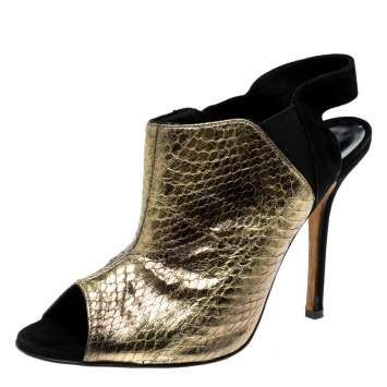 Pre Owned Oscar de la Renta Metallic Gold Embossed Elaphe Leather Penelope Peep Toe Sandals Size 39
