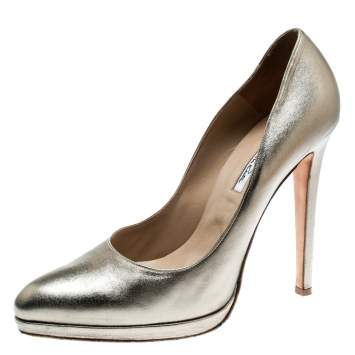 Pre Owned Oscar De La Renta Metallic Gold Leather Pointed Toe Pumps Size 40