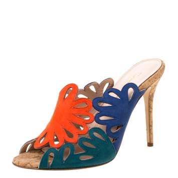 Pre Owned Oscar de la Renta Tricolor Suede Floral Cut Out Sandals Size 37.5