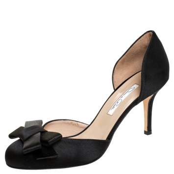 Pre Owned Oscar de la Renta Black Satin Bow Heel Pumps Size 38.5