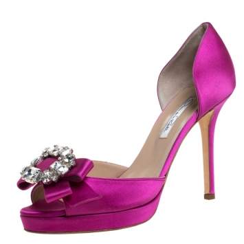 Pre Owned Oscar de la Renta Pink Satin Embellished Bow D'Orsay Open Toe Pumps Size 39