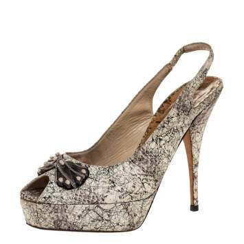 Pre Owned Oscar de la Renta White/Black Snake Print Leather Slingback Platform Peep Toe Sandals Size 37