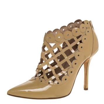 Pre Owned Oscar de la Renta Beige Patent Leather Laser Cut Fernanda Ankle Booties Size 37.5