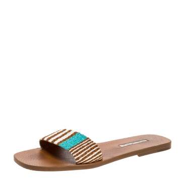 Pre Owned Oscar de la Renta Brown Stripe Raffia Slide Flat Sandals Size 40