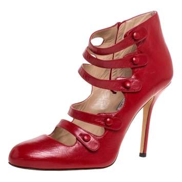 Pre Owned Oscar de la Renta Red Leather Strappy Ankle Booties Size 41