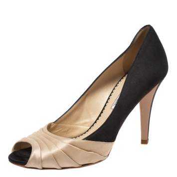 Pre Owned Oscar de la Renta Black/Beige Satin Ruched Detail Peep Toe Pumps Size 37