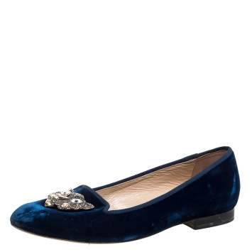 Pre Owned Oscar De La Renta Blue Velvet Blair Catface Smoking Ballet Flats Size 38