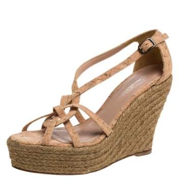 Pre Owned Oscar de la Renta Beige Cork Espadrille Platform Wedge Sandals Size 36