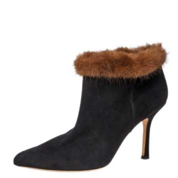 Pre Owned Osca De La Renta Black Suede Leather And Mink Fur Pointed Toe Ankle Boots Size 38.5 