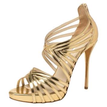 Pre Owned Oscar De La Renta Metallic Gold Leather Bree Cage Sandals Size 38.5