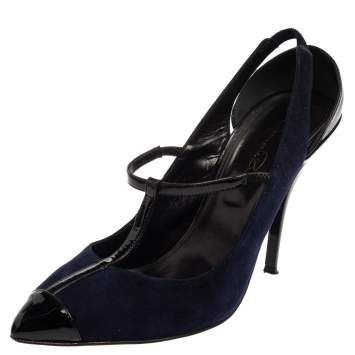 Pre Owned Oscar De La Renta Navy Blue/Black Suede And Patent Leather Fedra T Strap Pumps Size 39.5