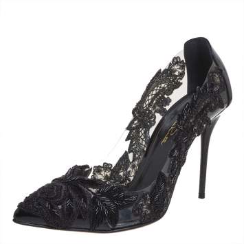 Pre Owned Oscar de la Renta Black PVC And Patent Leather Alyssa Embellished Pumps Size 37