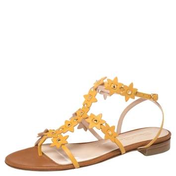 مملوكة مسبقًا Oscar de la Renta Yellow Floral Jenisa Ankle Strap Flat Sandals Size 39.5