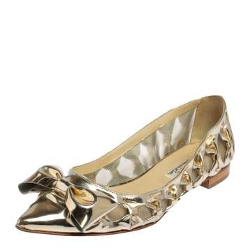 Pre Owned Oscar de la Renta Metallic Gold Patent Leather Bow Ballet Flats Size 39.5