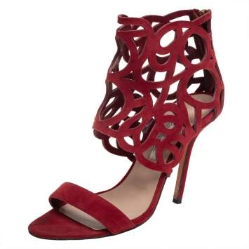Pre Owned Oscar de la Renta Red Suede Cage Sandals Size 38.5