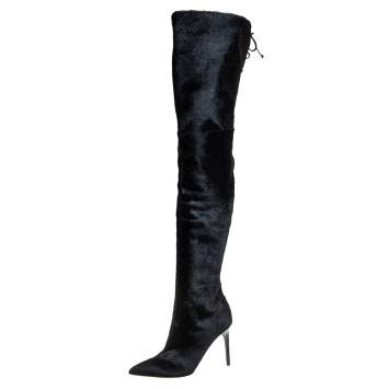 Pre Owned Oscar de la Renta Black Calf Hair Over Knee Boots Size 39    
