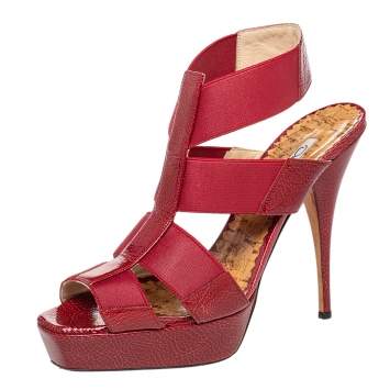 Pre Owned Oscar de la Renta  Red Patent Leather And Elastic Cage Platform Sandals Size 38