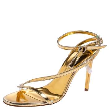 Pre Owned Oscar de la Renta Gold Leather Knotted Ankle Strap Open Toe Sandals Size 36