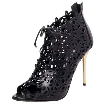 Pre Owned Oscar de la Renta Black Laser Cut Leather Lace Up Booties Size 39