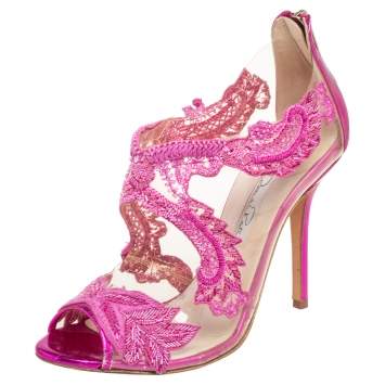 Pre Owned Oscar de la Renta Metallic Pink PVC and Patent Leather Amria Cut Out Sandals Size 37.5