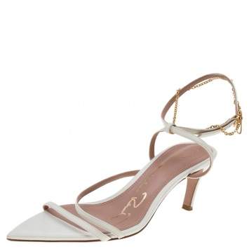 Pre Owned Oscar de la Renta White Leather Ankle Strap Sandals Size 37.5