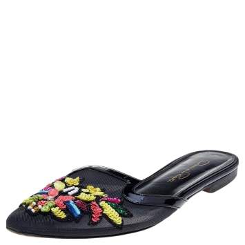 Pre Owned Oscar de la Renta Black Mesh And Patent Leather Embellished Flat Mules Size 37.5