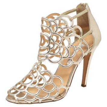 Pre Owned Oscar de la Renta Golden Leather Gladia Cage Peep Toe Sandals Size 39