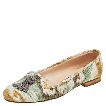 Pre Owned Oscar de la Renta Multicolor Canvas Beaded Tassel Ballet Flats Size 38.5