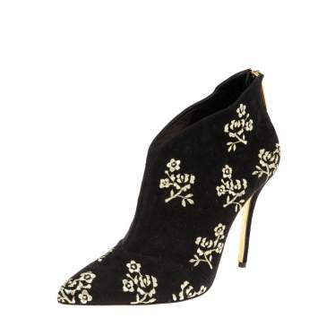 Pre Owned Oscar de la Renta  Black Suede Flower Embroidery  Ankle Boots Size 37