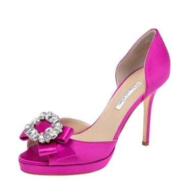 Pre Owned Oscar de la Renta Pink Satin Embellished D' Orsay Pumps  Size 40