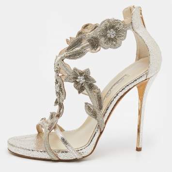 Pre Owned Oscar de la Renta Metallic Gold Crinkled Leather Ambria Embroidered Cut Out Sandals Size 39