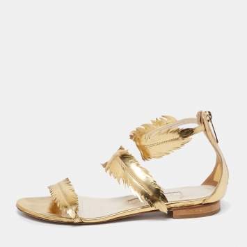 Pre Owned Oscar De La Renta Gold Leather Abigail Feather Ankle-Strap Sandals Size 38.5