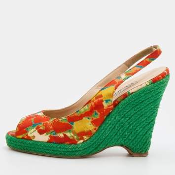 Pre Owned Oscar de la Renta Multicolor Fabric Espadrille Platform Wedge Peep-Toe Slingback Sandals Size 40