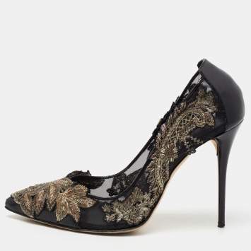 Pre Owned Oscar de la Renta Black Patent Leather and Mesh Alyssa Pumps Size 38