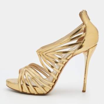 Pre Owned Oscar de la Renta Metallic Gold Leather Ankle Strap Platform Sandals Size 40