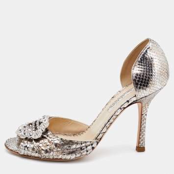 مملوكة مسبقًا Oscar de la Renta Silver Python Crystal Embellished Dorsay Pumps Size 37.5