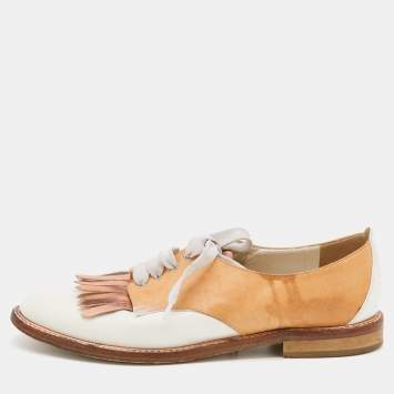 Pre Owned Oscar de la Renta Tricolor Leather Fringe Detail Lace Up Derby Size 39