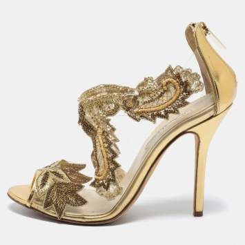 Pre Owned Oscar de la Renta Gold Leather, Lace and PVC Ambria Embellished Peep Toe Sandals Size 39
