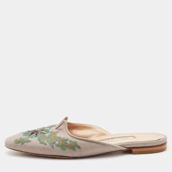 Pre Owned Oscar de la Renta Multicolor Canvas Embroidered Spanish Flat Mules Size 37