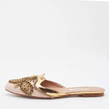 Pre Owned Oscar de la Renta Pink/Metallic Gold Fabric and Leather Embellished Flat Mules Size 37